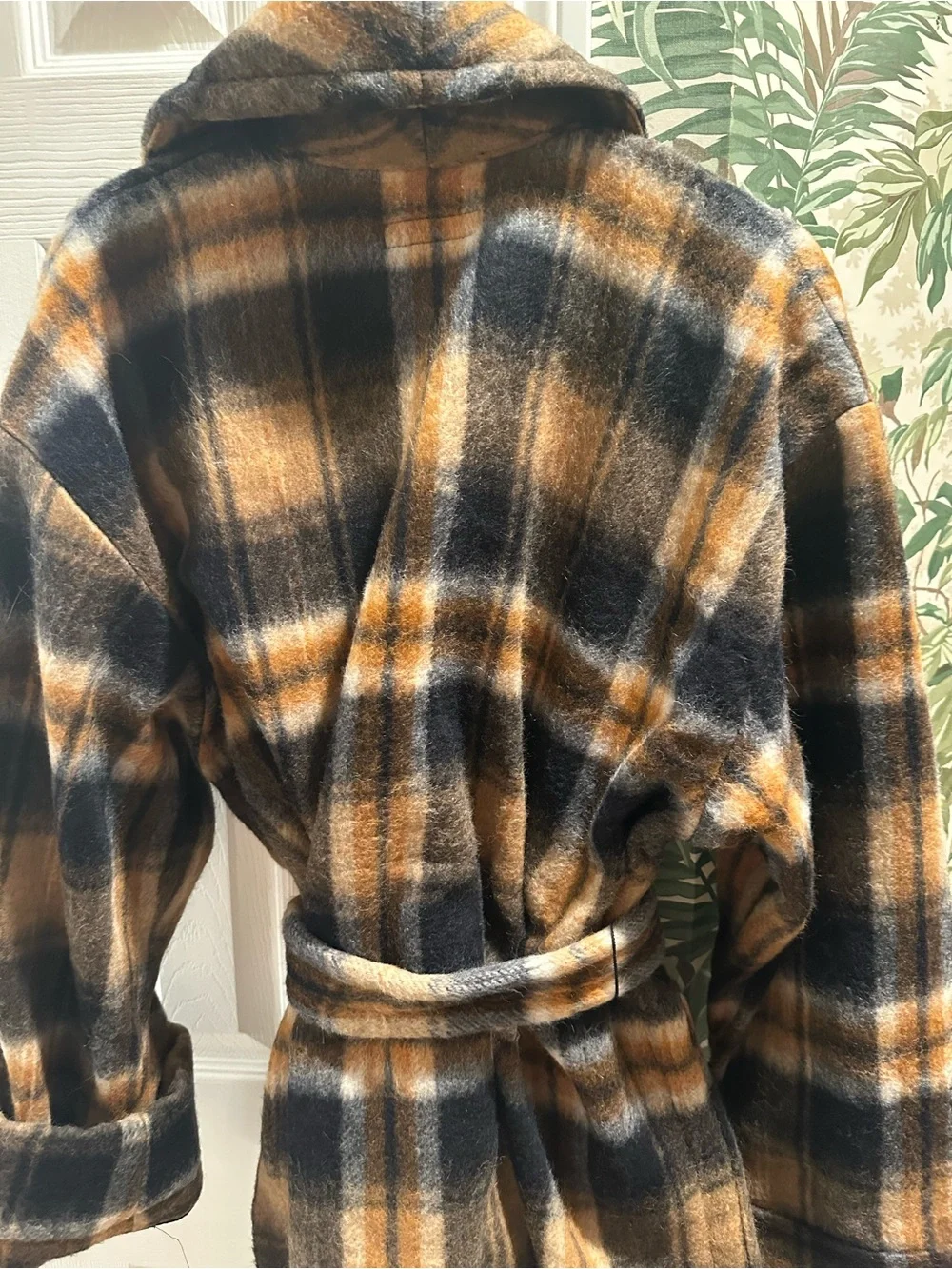 NWT Lauren Ralph Lauren Plaid Wool Blend Shawl Collar Wrap Coat Jacket L